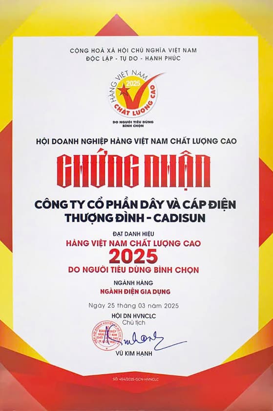 Chứng nhận hàng Việt Nam chất lượng cao Cadisun